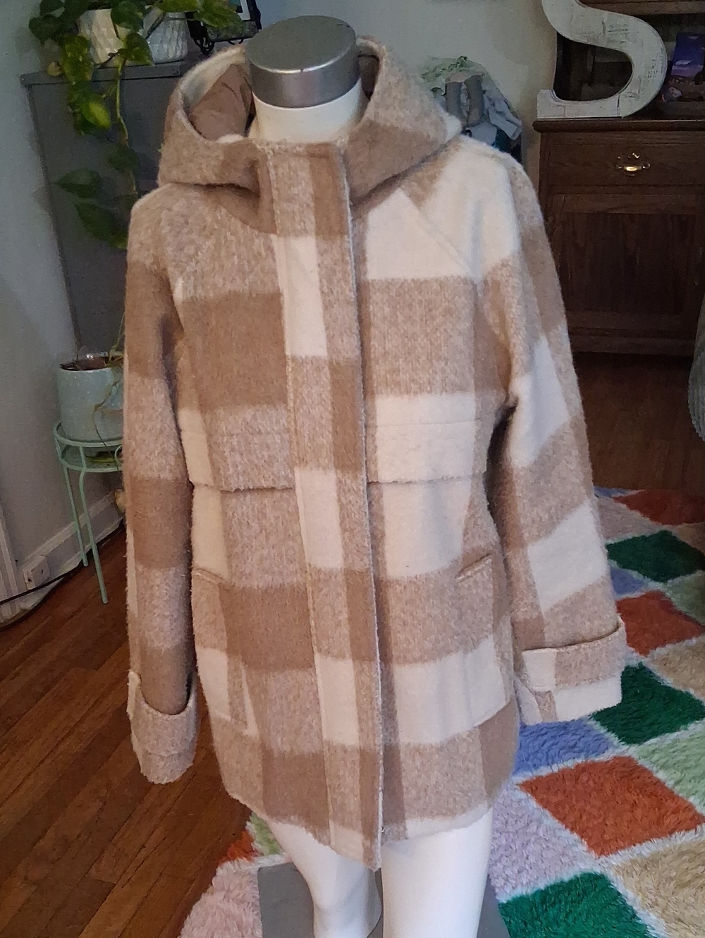 Nine West Plaid Hooded Coat in Beige and Cream